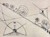 dessin représentant un escalier menant à une pièce où se trouve une horloge
