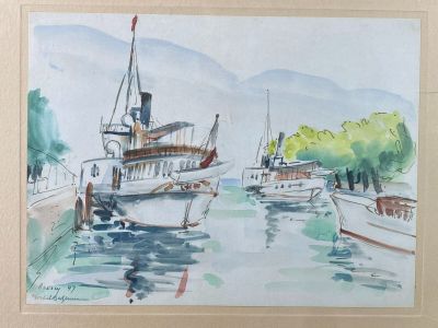 a watercolor painting of a boat in the water
