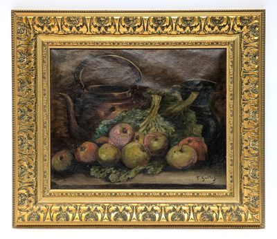 an oil painting of a basket of fruit and vegetables on a table