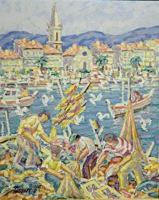 Mario PASSARELLI (1930) Pêcheurs amarrés à Martigues en face…