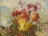 a painting of flowers in a vase on a table