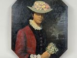 painting of a woman in a hat holding a bouquet of flowers