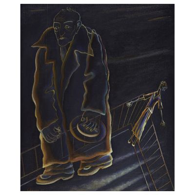 tableau représentant un homme en manteau debout sur un bateau, la nuit