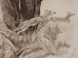 drawing of a man with a dog and deer in a field