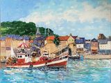 une peinture à l'huile d'une scène portuaire avec des bateaux dans l'eau