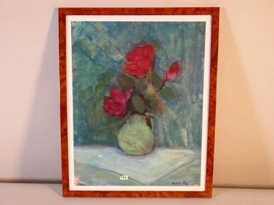 a painting of red roses in a vase on a table