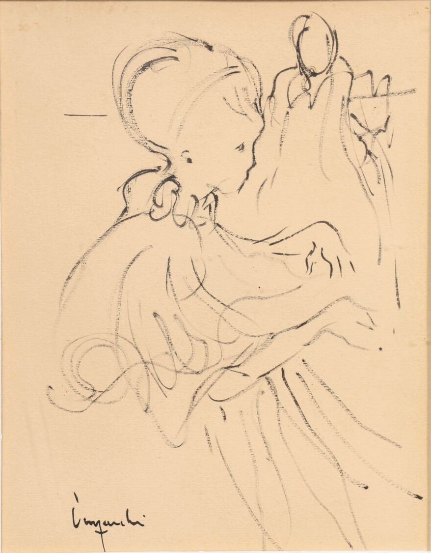 Serge DEMARCHI (né en 1934). Jeune fille de profil. Feutre noir sur papier, signature en bas à gauche. H_20 cm L_16 c...