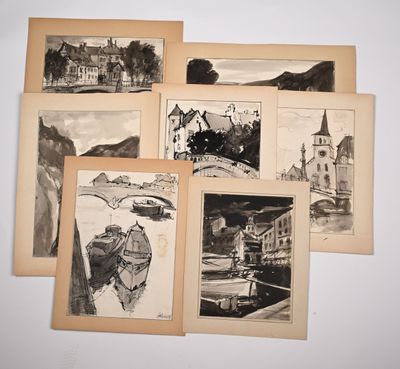several old black and white pictures of buildings and a church