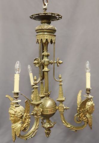 Important lustre en bronze à trois bras de lumière Napoléon III à...