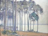 une peinture représentant un groupe d'arbres près d'un plan d'eau