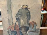 painting of a man walking a dog on a leash in front of a mirror