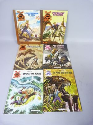 six bandes dessinées sont alignées sur une table