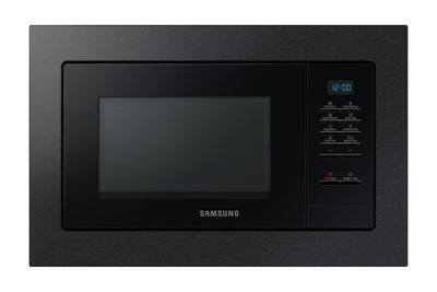 a close up of a black microwave oven on a white background
