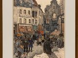 tableau représentant une scène de rue avec une calèche au milieu de la rue