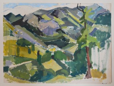 an image of a painting of a mountain scene with trees