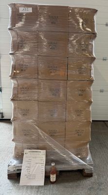 a large stack of boxes on a pallet in a warehouse