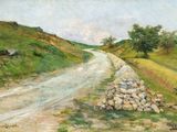 une peinture à l'huile représentant un chemin de terre bordé de rochers