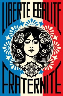 une affiche représentant le visage d'une femme au centre d'un fond rouge, blanc et bleu