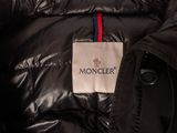 moncler black down jacket with red, white, and blue trim