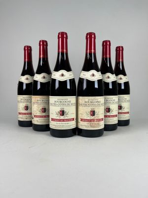 six bouteilles de vin rouge alignées