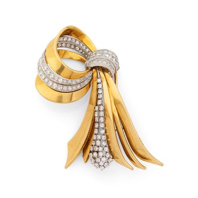 Broche “Ruban” Pavage de diamants taille ancienne et diamant… - Photo 1