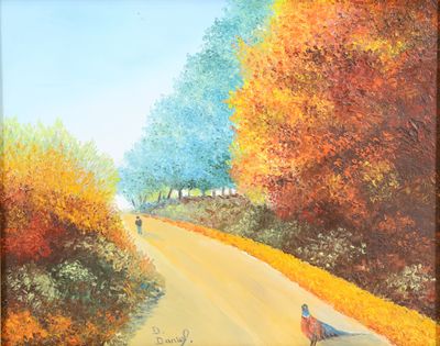 a painting of a person walking down a road