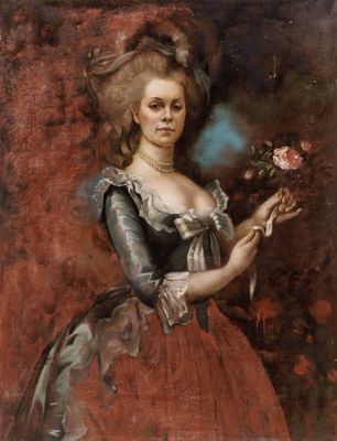 portrait of a lady in a red dress holding a rose