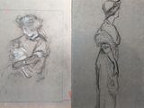 two drawings of a woman holding a baby in her arms and a drawing of a woman holding a baby in her arms