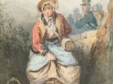 tableau représentant une femme assise sur une bûche, avec un homme en arrière-plan