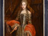 portrait d'une dame en robe grise et châle rouge