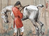 a painting of a man leading a horse in a wooded area