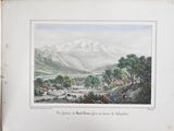 painting of a view of a mountain range with a village in the foreground