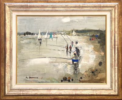 painting of people fishing on a beach with sailboats in the background