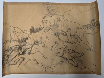 drawing of a man sitting on a rock with a hat on