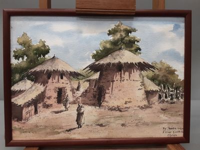 Village en éthiopie". Aquarelle sur papier signée en bas à d…