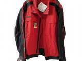 men ' s red and black jacket on hanger on white background