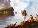 painting of a group of people standing on a cliff near a body of water