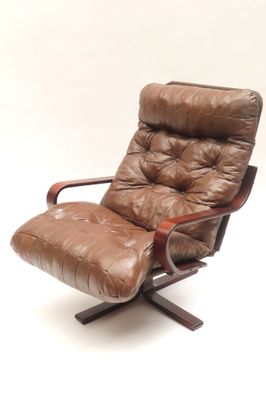 Fauteuil en bois cintré exotique, tissu et garniture en cuir…