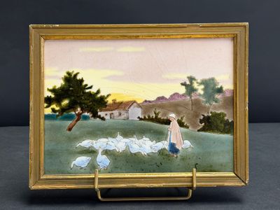 an image of a painting of a woman and geese in a field