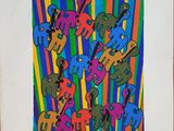 un tableau représentant un groupe de chats sur un fond rayé aux couleurs vives