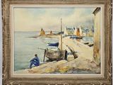 an image of a painting of a man sitting on a dock by the water