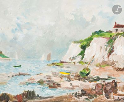 a painting of boats on the water near a cliff