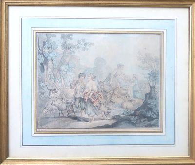 framed picture of a painting of a man and a woman in a wooded setting