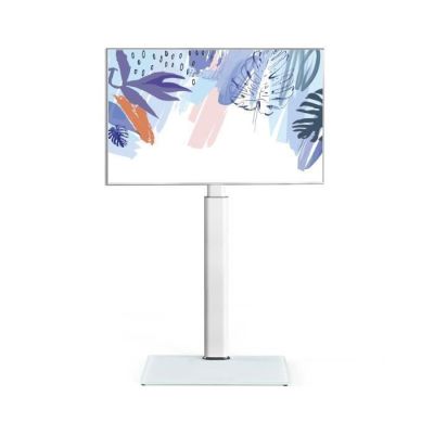 an image of a flat screen tv on a stand with a painting on it