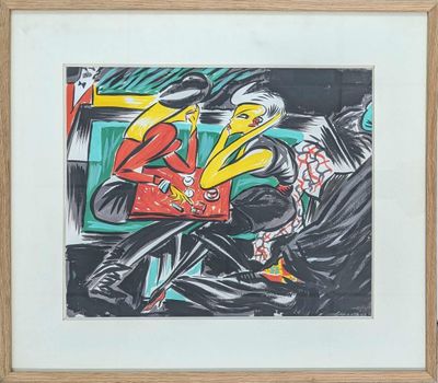 painting of a man sitting on a bench with a cigarette in his mouth