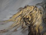 a painting of a man riding a horse with a bird on his back