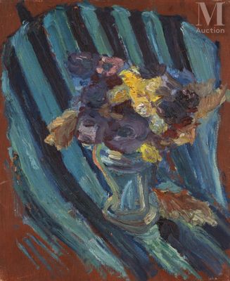 une peinture à l'huile représentant un vase de fleurs posé sur une chaise bleue
