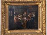 an oil painting of a group of people sitting around a table