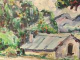 a painting of a house in a field with trees in the background