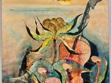 an oil painting of a vase with flowers on a table